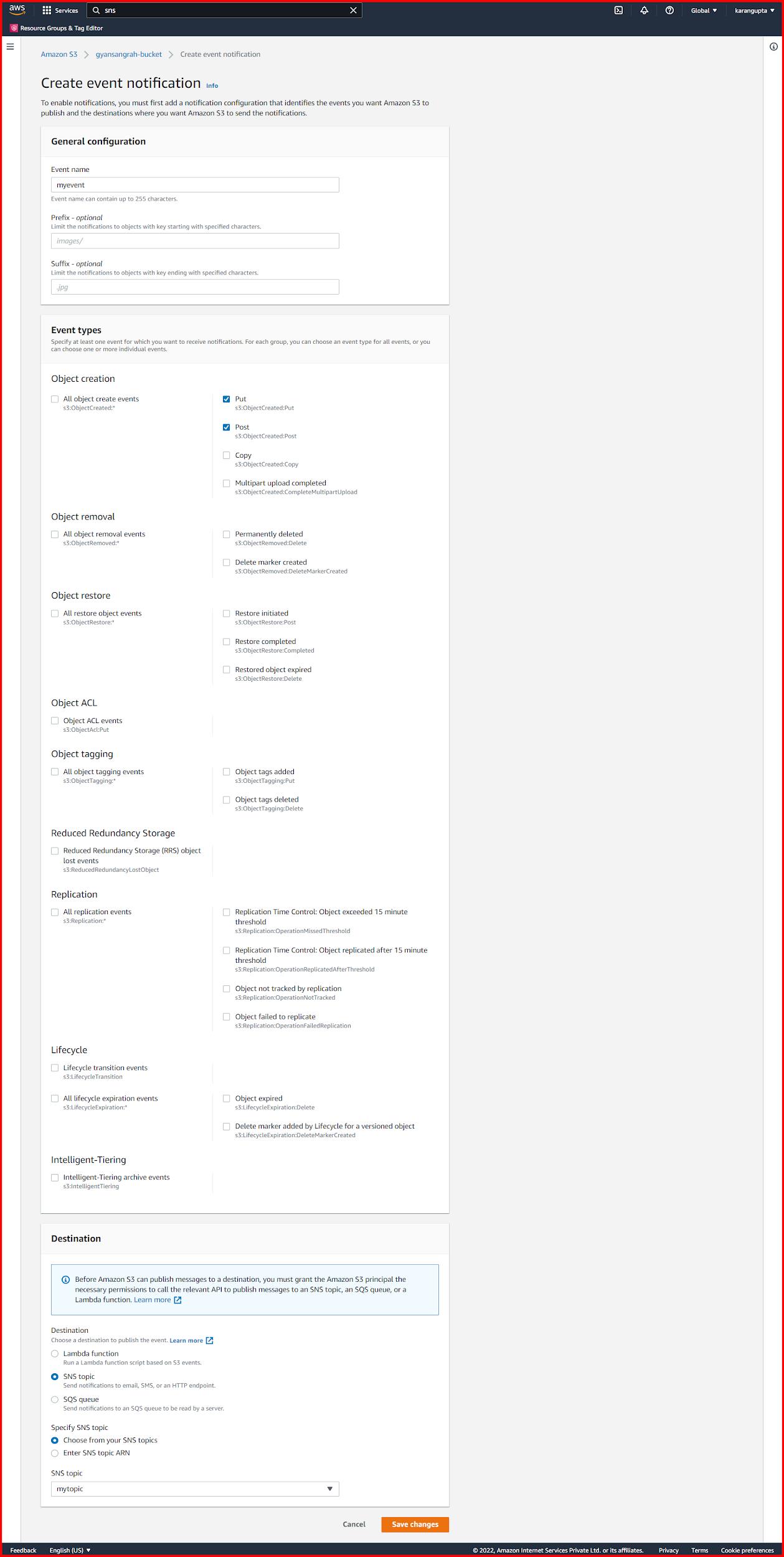 Picture showing the screen to specify the event name, event type and destination in the create event notification screen